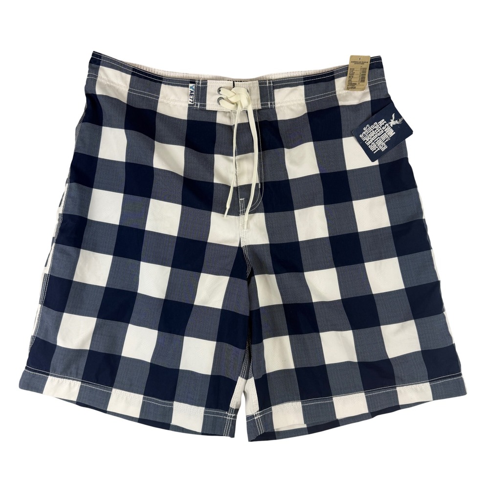 American Eagle Swim Trunks Mens XL Navy Blue White Buffalo Plaid Board Shorts